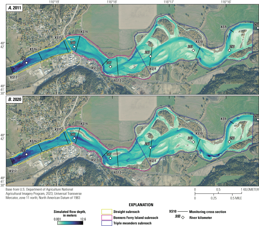 Restoration treatments produced areas of increased flow depth in simulations of bankfull-high
stage flow conditions