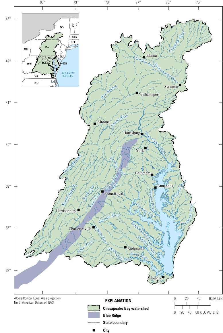 Map of the watershed featuring state boundaries and highlighting the Blue Ridge