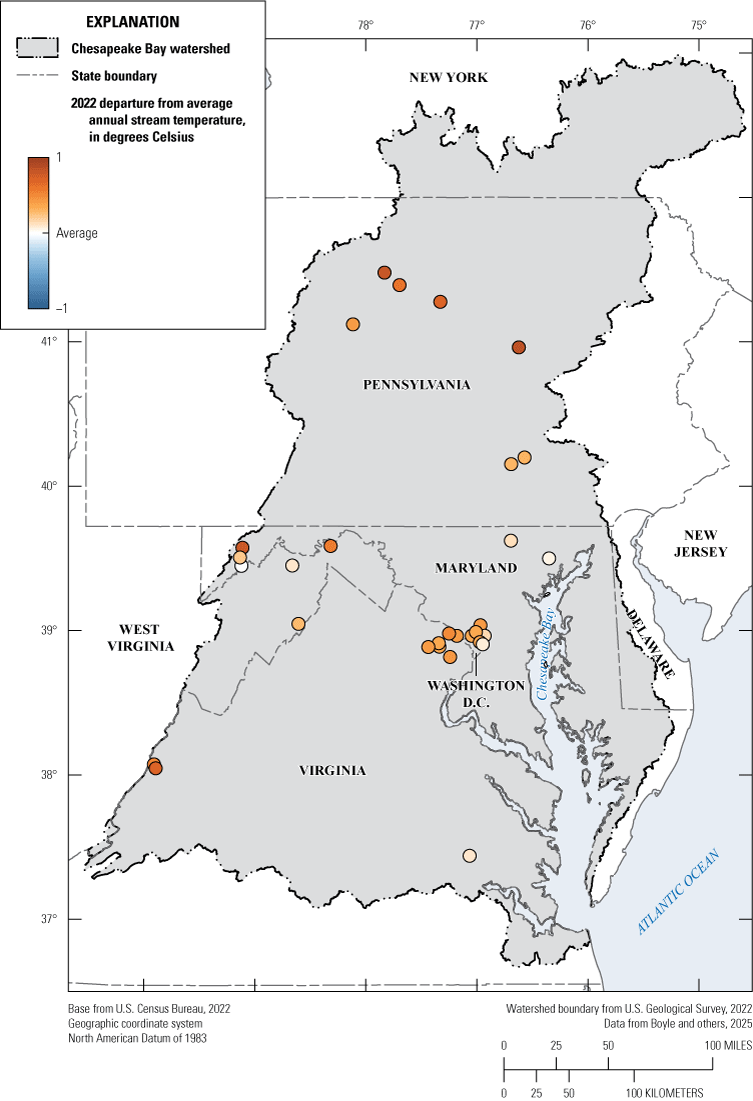 Water temperature is average or above average compared to the reference period for
all sites, with some of the largest departures from reference among the northernmost
sites in Pennsylvania.