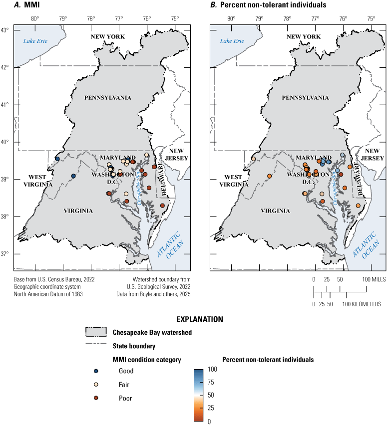 Almost all fish sites occur in Maryland or West Virginia and poor or fair multi metric
index scores are concentrated in the Baltimore-Washington, D.C., metropolitan area
and on the eastern shore of Maryland.