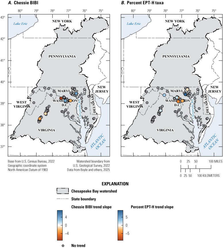 Few macroinvertebrate sites have strong trends and there is little spatial pattern
in increasing and decreasing trends.