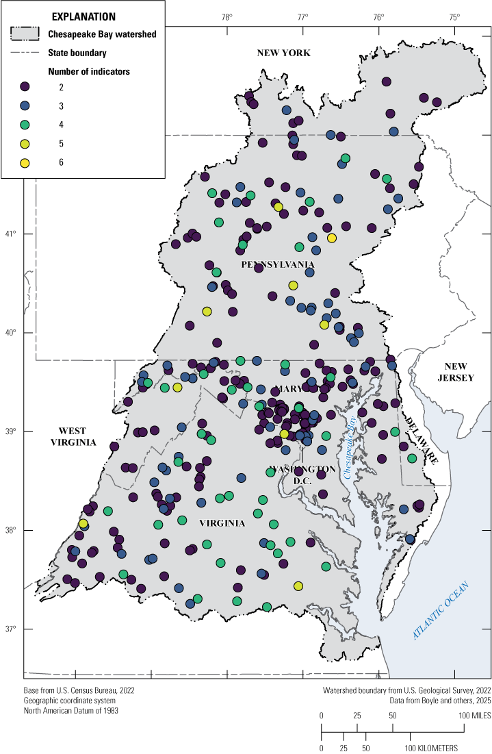 Only one site located in Pennsylvania has data for six out of seven indicators. Most
sites across the watershed have trend data for only two indicators.