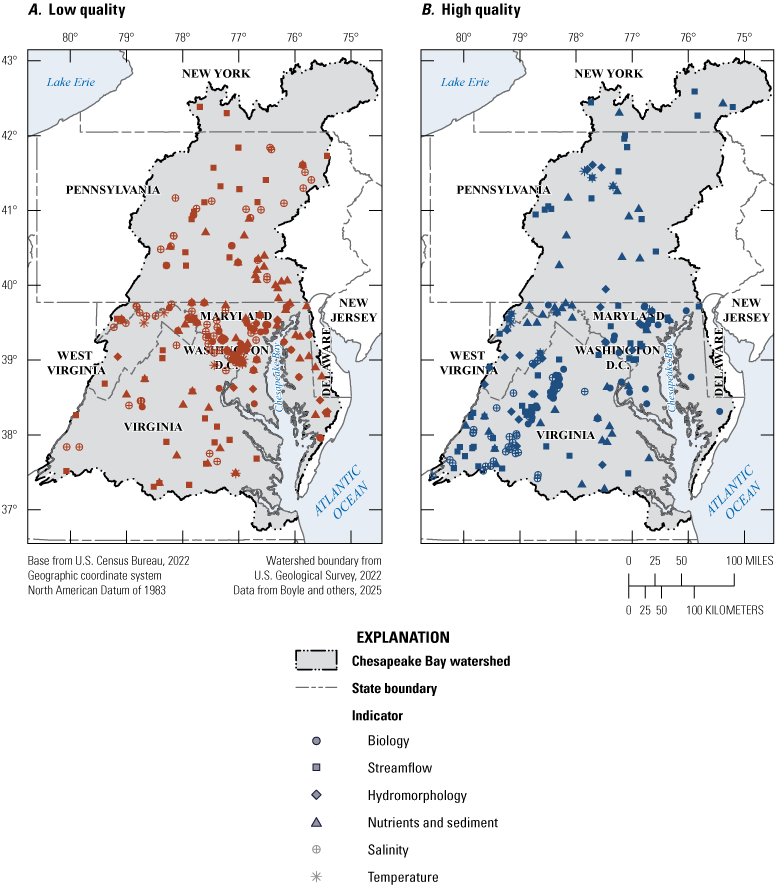 Low quality sites are concentrated in the greater Washington DC-Baltimore area and
high-quality sites are concentrated along the Blue Ridge Mountains.