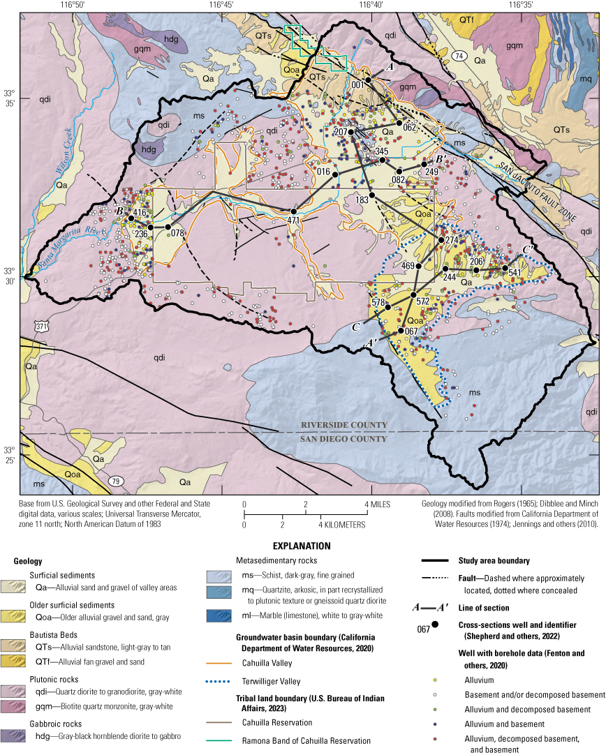 4. Metasedimentary rocks generally define the boundaries of the alluvium of the two
                        groundwater basins.