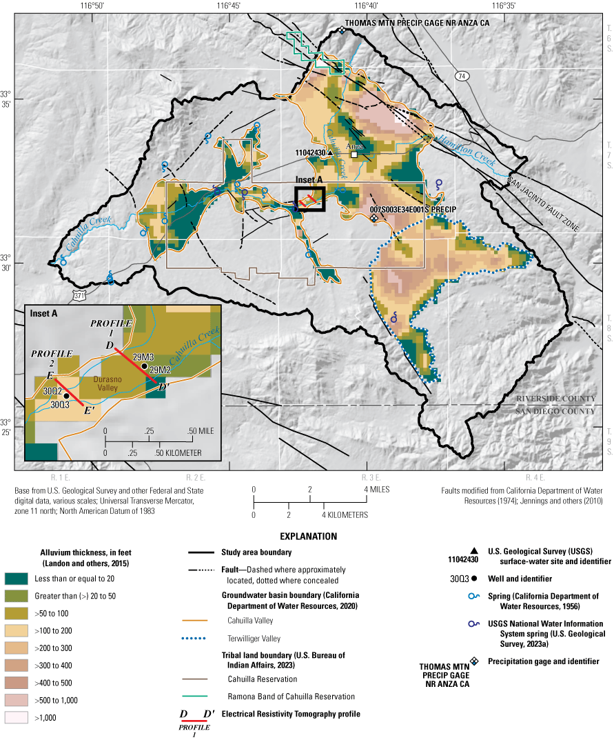 5. The thickness of the alluvium ranges from less than 20 to greater than 1,000 feet.