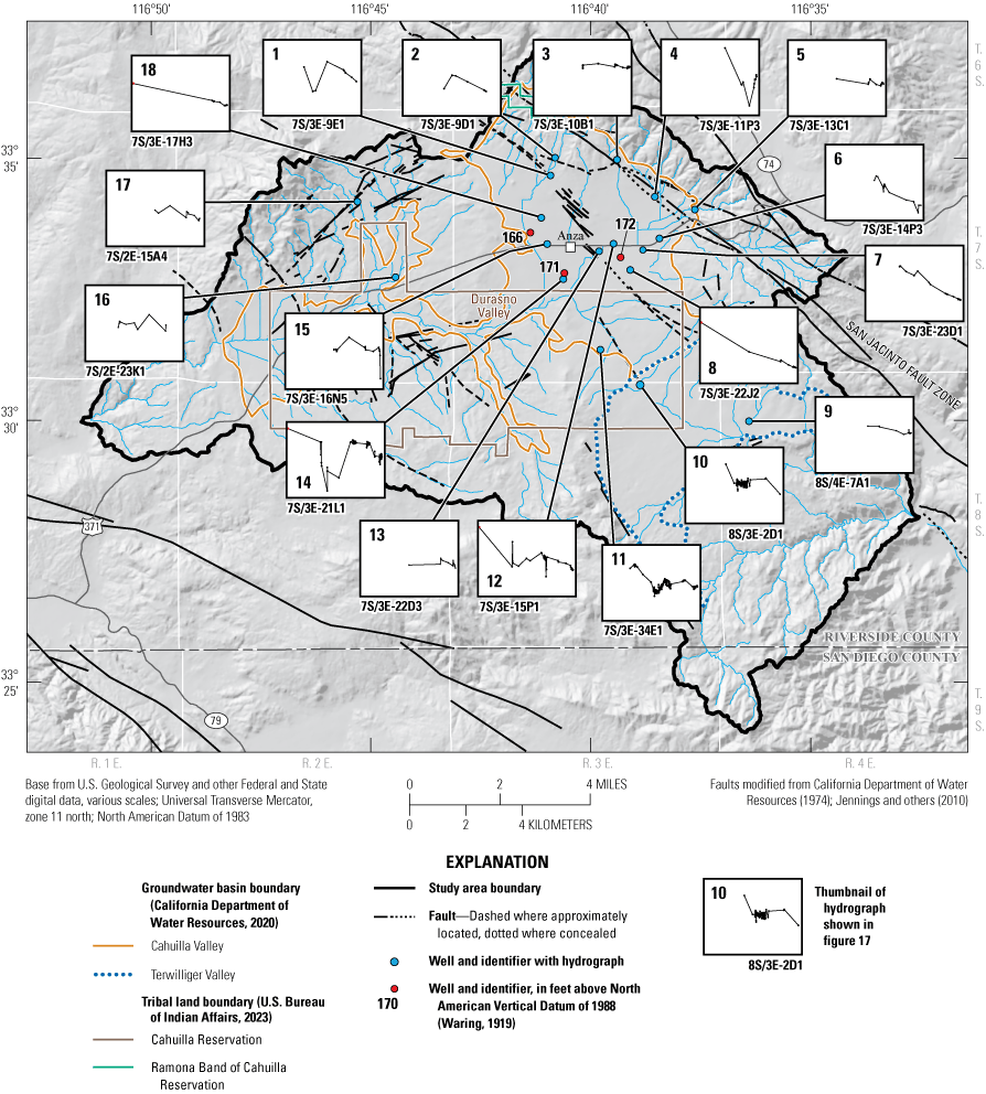 16. Location of 18 wells with graphs showing groundwater-level elevations on the next
                           figure.