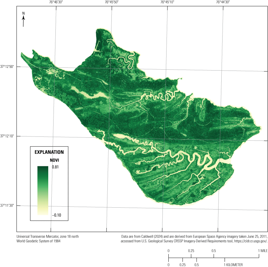 Map showing high normalized difference vegetative index values concentrated in the
northern and central regions of Jamestown Island