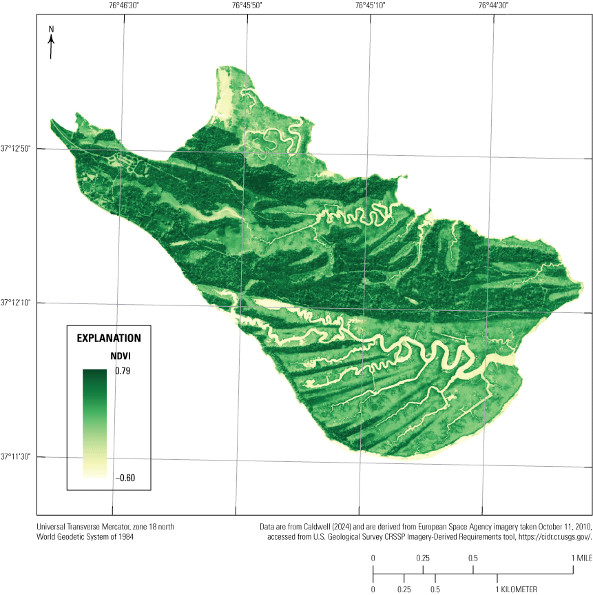 Map showing high normalized difference vegetative index values concentrated in the
northern and central regions of Jamestown Island