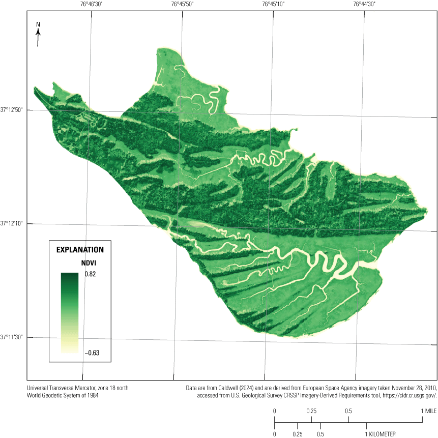 Map showing high normalized difference vegetative index values concentrated in the
northern and central regions of Jamestown Island