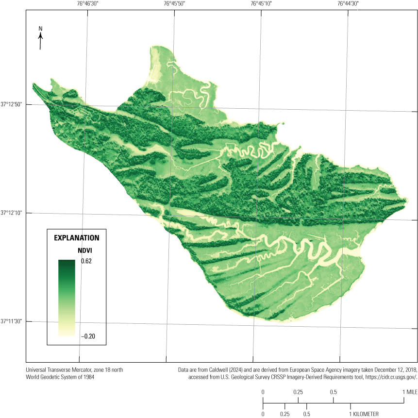 Map showing high normalized difference vegetative index values concentrated in the
northern and central regions of Jamestown Island