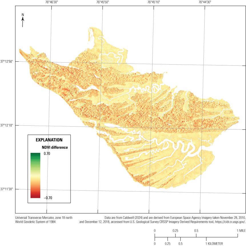 Map showing low normalized difference vegetative index values concentrated in the
northern and central regions of Jamestown Island