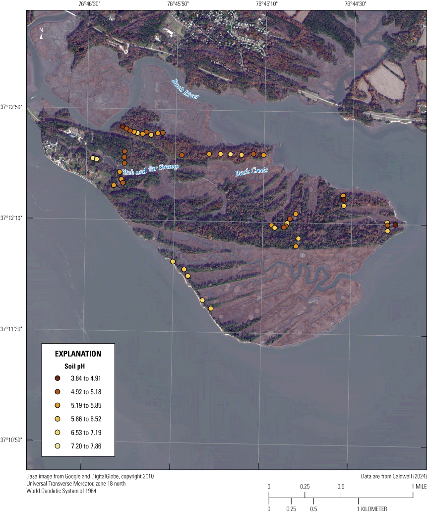 Soil sample sites with varying pH values scattered across Jamestown Island during
June 2021
