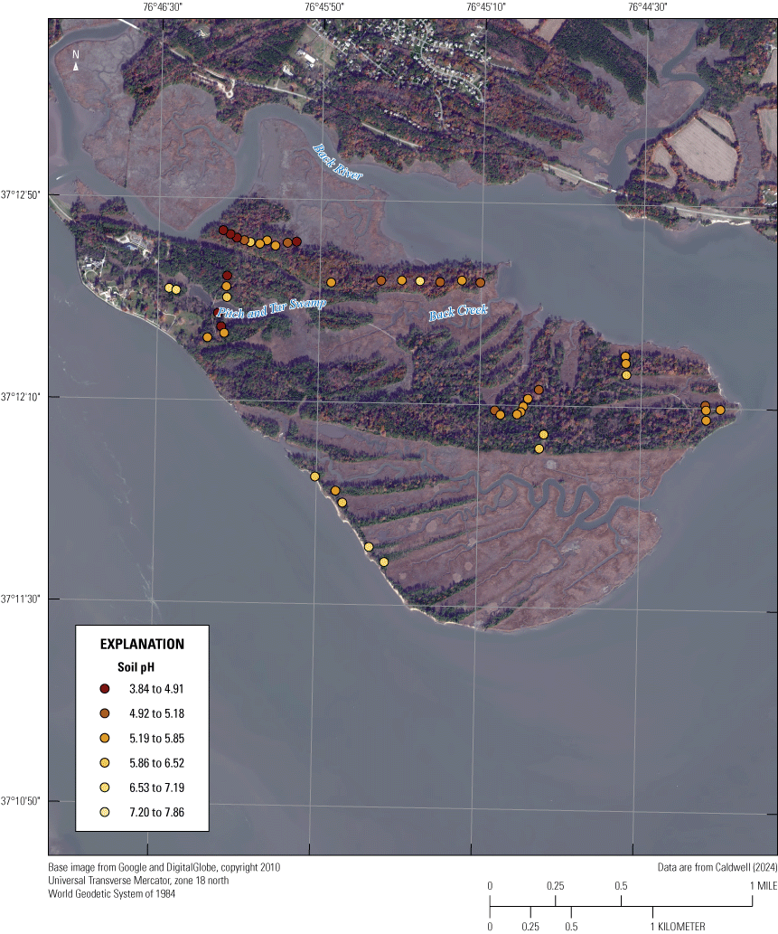 Soil sample sites with varying pH values scattered across Jamestown Island during
June 2021
