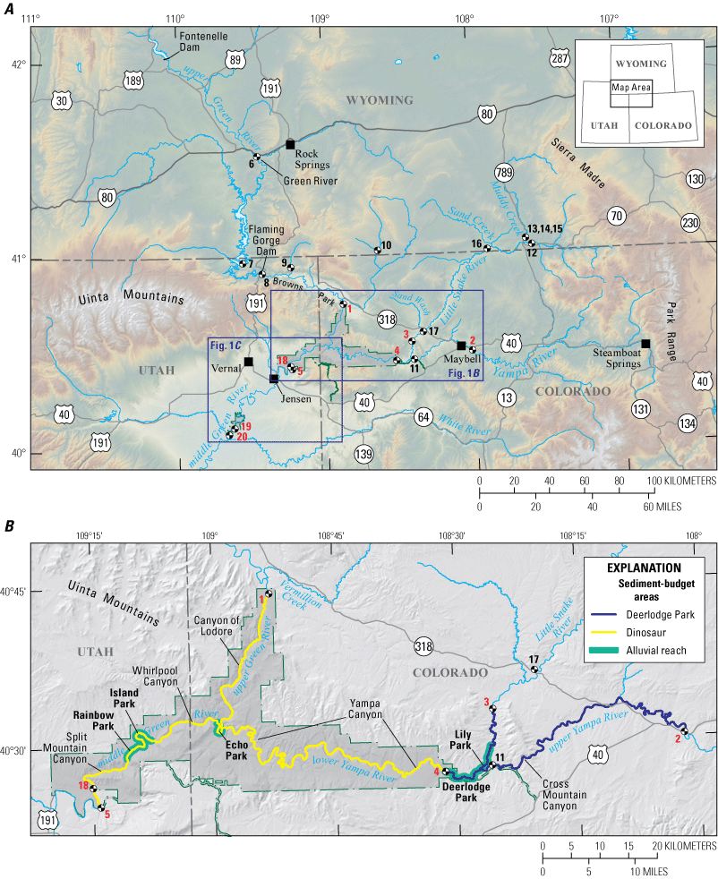 Resurveyed cross section locations are southwest of Dinosaur National Monument and
                     within Ouray Nation Wildlife Refuge in the Uinta Basin segment of the middle Green
                     River