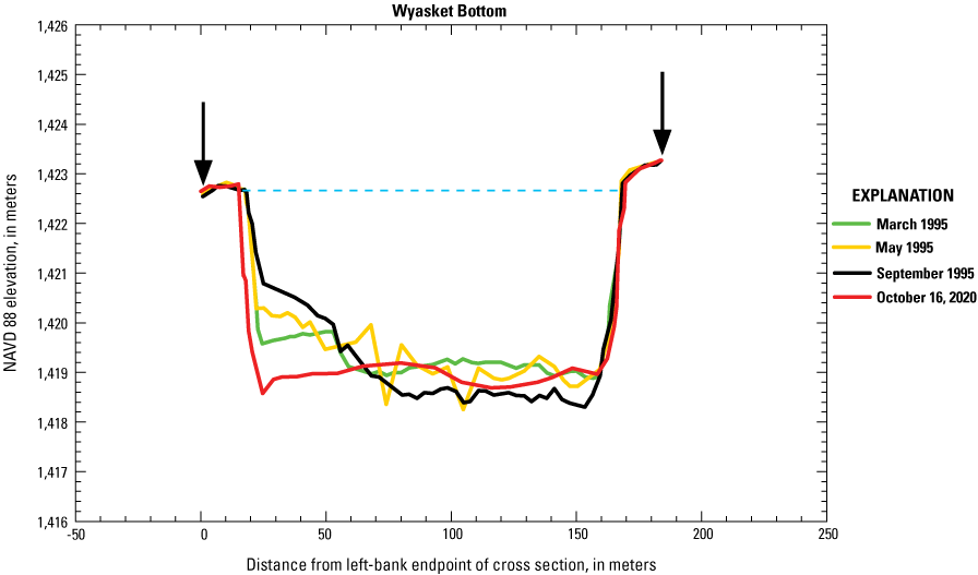 One cross section plot comparing channel width and topography in three 1995 surveys
                           and in 2020 at Wyasket Bottom