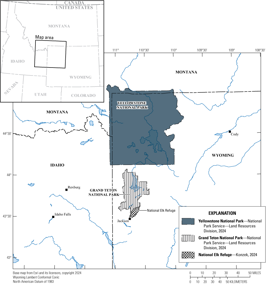 Map showing that these parks and the refuge are in the northwestern corner of Wyoming,
U.S.A.