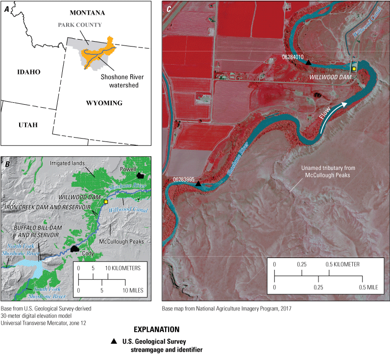 Three maps of the study area including Willwood Dam and Canal and the Shoshone River
in Wyoming.