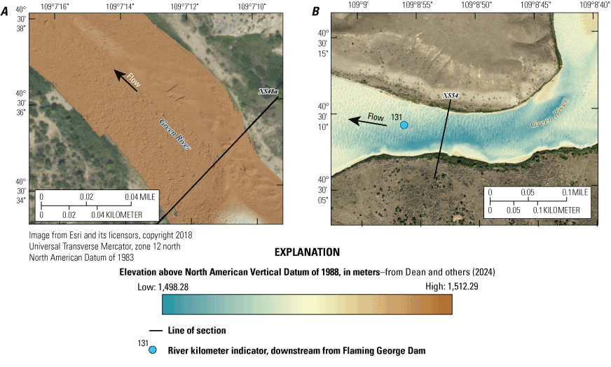Part A shows the channel bed near cross section 48a. Sand dunes are present along
                        the right bank of the channel, but the remainder of the channel bed is composed of
                        gravel, as shown by the rough texture along the left bank. Part B shows the channel
                        bed near cross section 54. This section of the Green River has a deeper average channel
                        than in Part A. Sand dunes cover nearly the entire channel bed, except for a small
                        isolated patch along the left bank, which is shallower than the area with dunes.