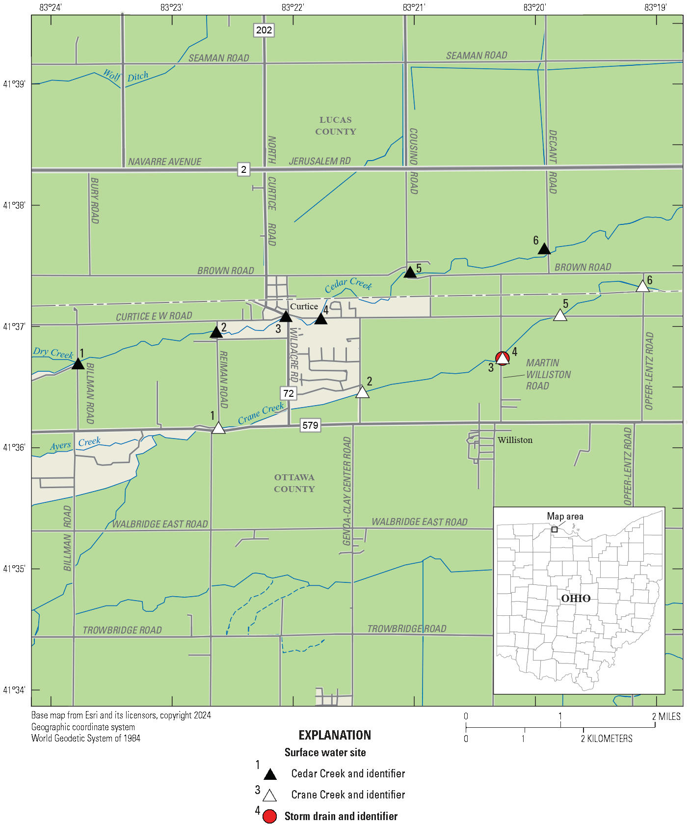 Cedar Creek flows northeast through the north of the town of Curtice and Crane Creek
flows northeast through the south of Curtice, just north of the town of Williston.