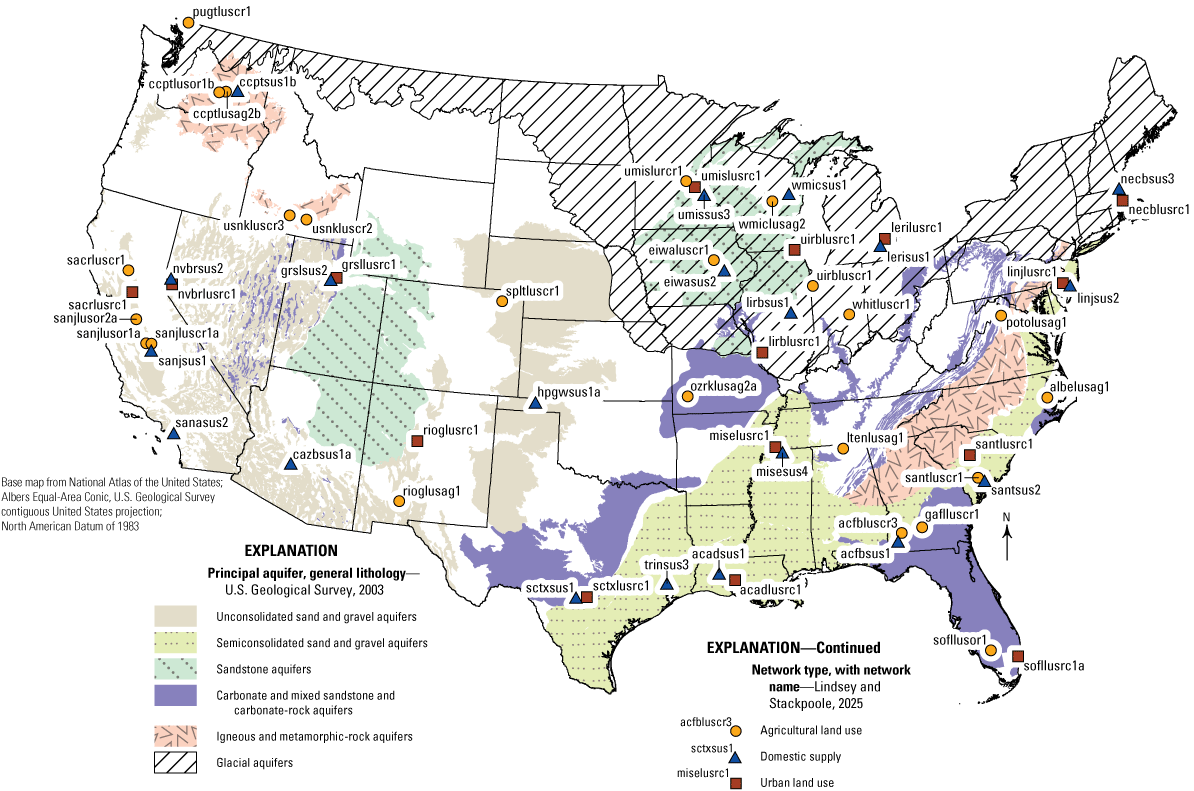 Map of the U.S. Geological Survey National Water Quality Network for Groundwater grouped
                        well locations as colored symbols. Colored boundaries indicate the extent of associated
                        principal aquifers.
