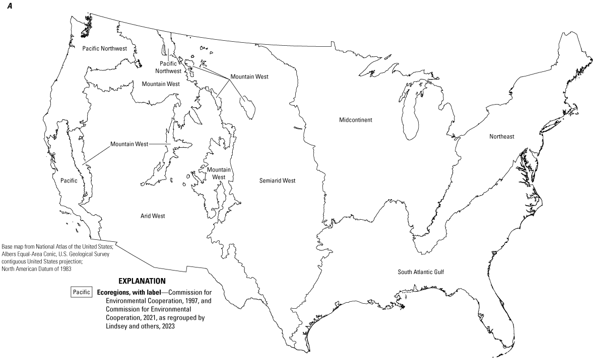 Map of the conterminous United States with ecoregions. In the first decade, a higher
                        proportion of samples had moderate groundwater pesticide concentrations in the Semiarid
                        West, Midcontinent, and Northwest regions compared to the other decades.