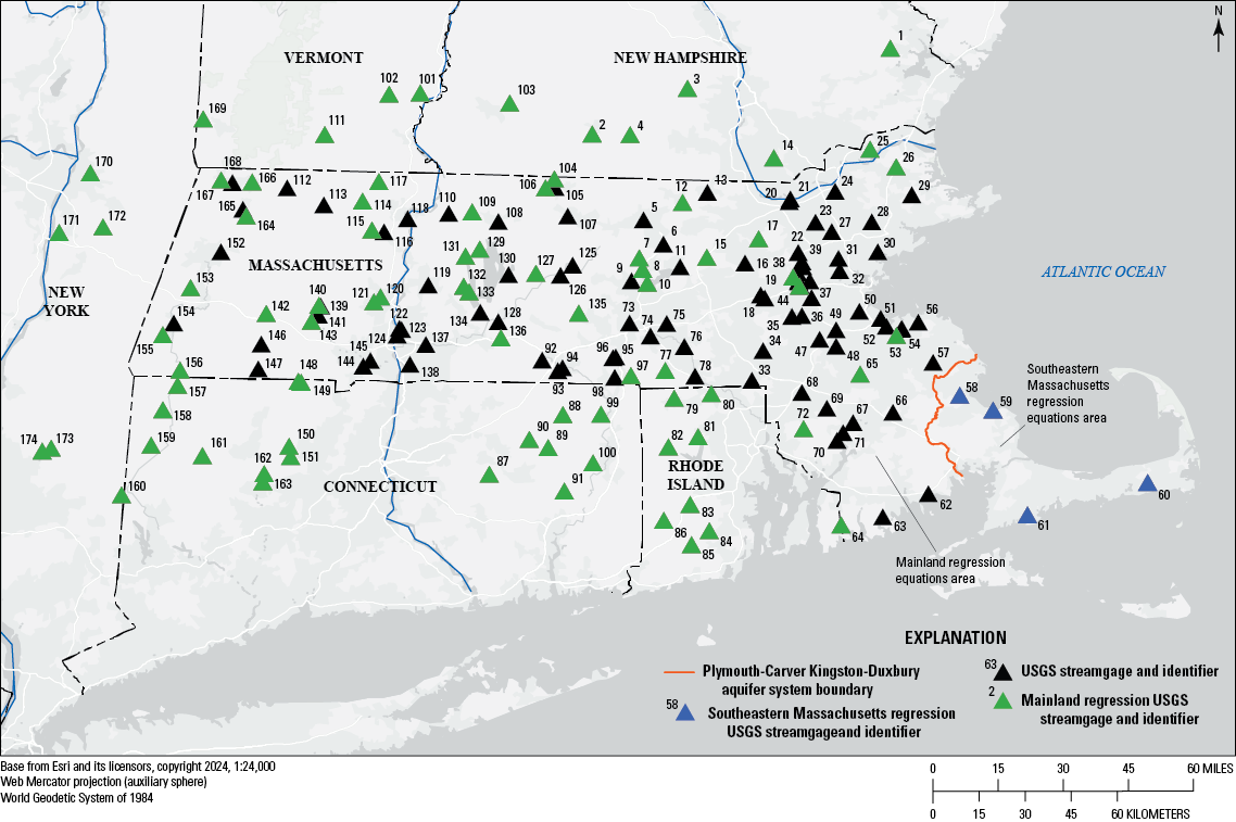 The streamgages are mainly in Massachusetts. Several are in Connecticut, New Hampshire,
New York, Rhode Island, and Vermont.