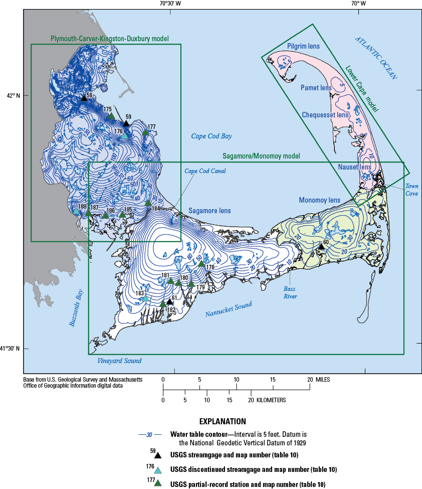 USGS streamgages and partial-record stations in southeastern Massachusetts and on
Cape Cod are within three groundwater model areas.