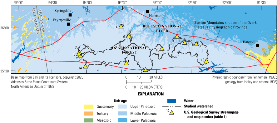 Generalized surficial geology units of Boston Mountains study area are mostly Upper
Paleozoic.