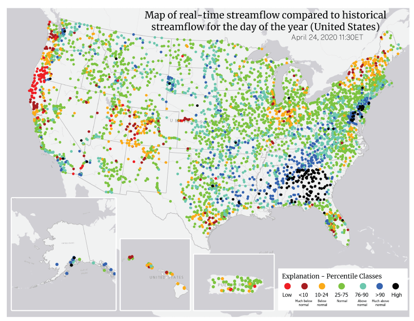 Streamflow anomalies are shown from low to high using differently colored dots: red
                        for low; dark red, orange, yellow, bright green, turquoise, and dark blue for lower
                        to higher percentile classes; and black for high.