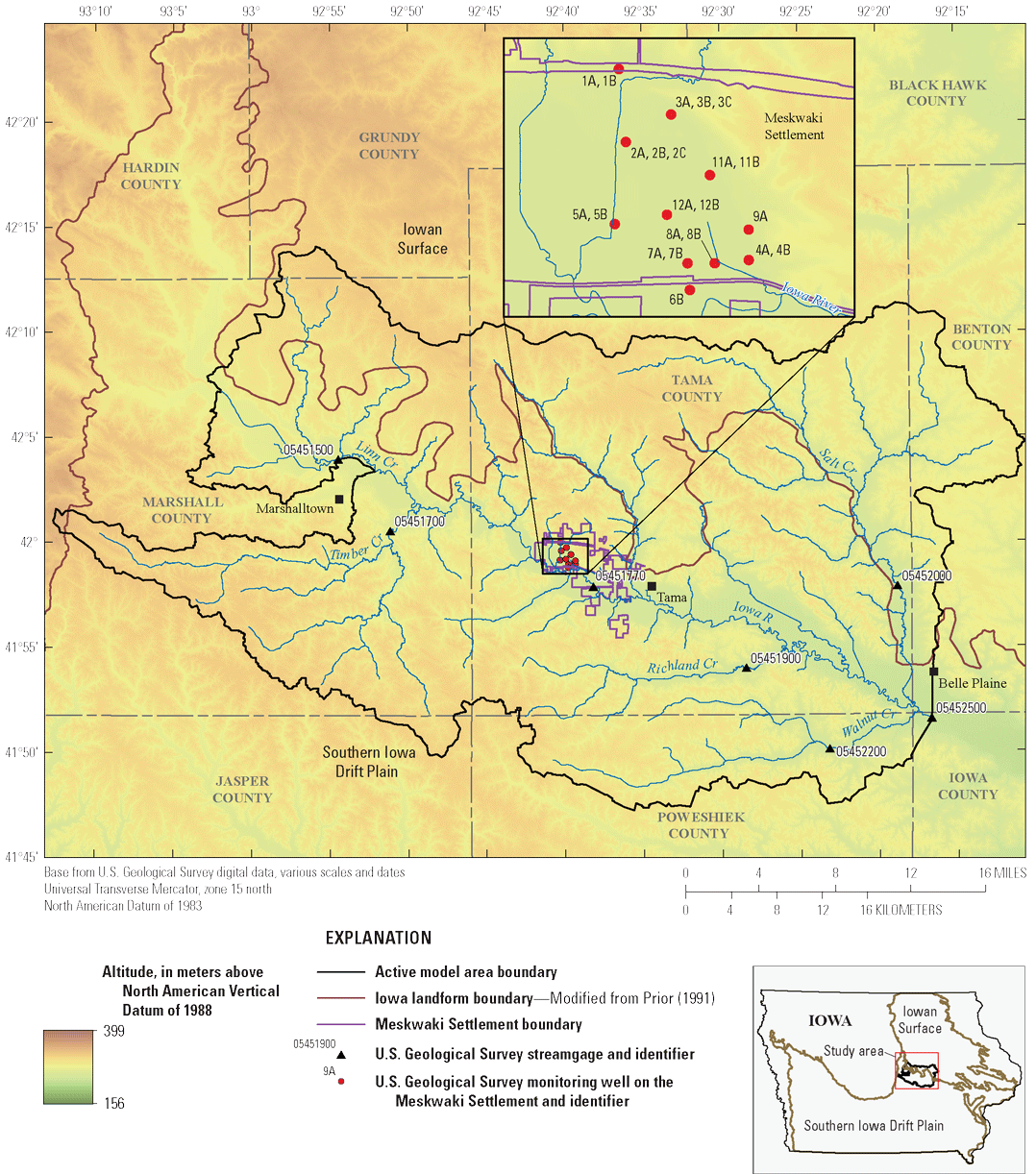 [There are 7 streamgages in the model area and 22 monitoring wells, including 9 sets
                     of nested wells, on the Meskwaki Settlement, which is in the center of the model area.]