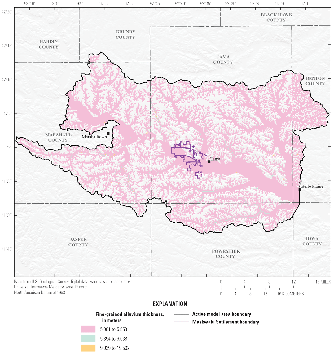 [Fine-grained alluvium underlies the Iowa River and its major and minor tributaries
                              throughout the model area, with a generally consistent thickness of about 5 meters.]