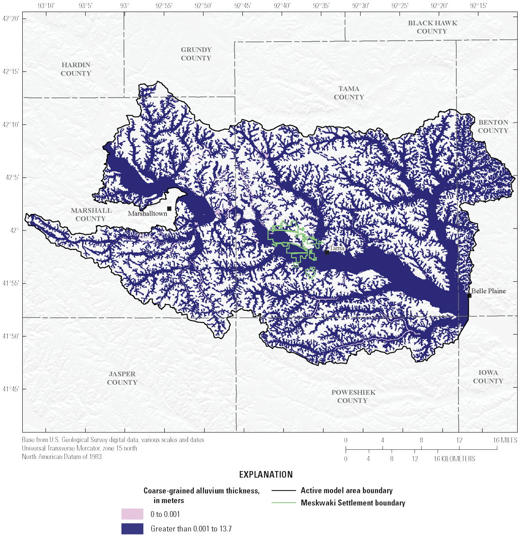 [Coarse-grained alluvium underlies the Iowa River and its major and minor tributaries
                              throughout the model area, with a generally consistent thickness of about 13 meters.]