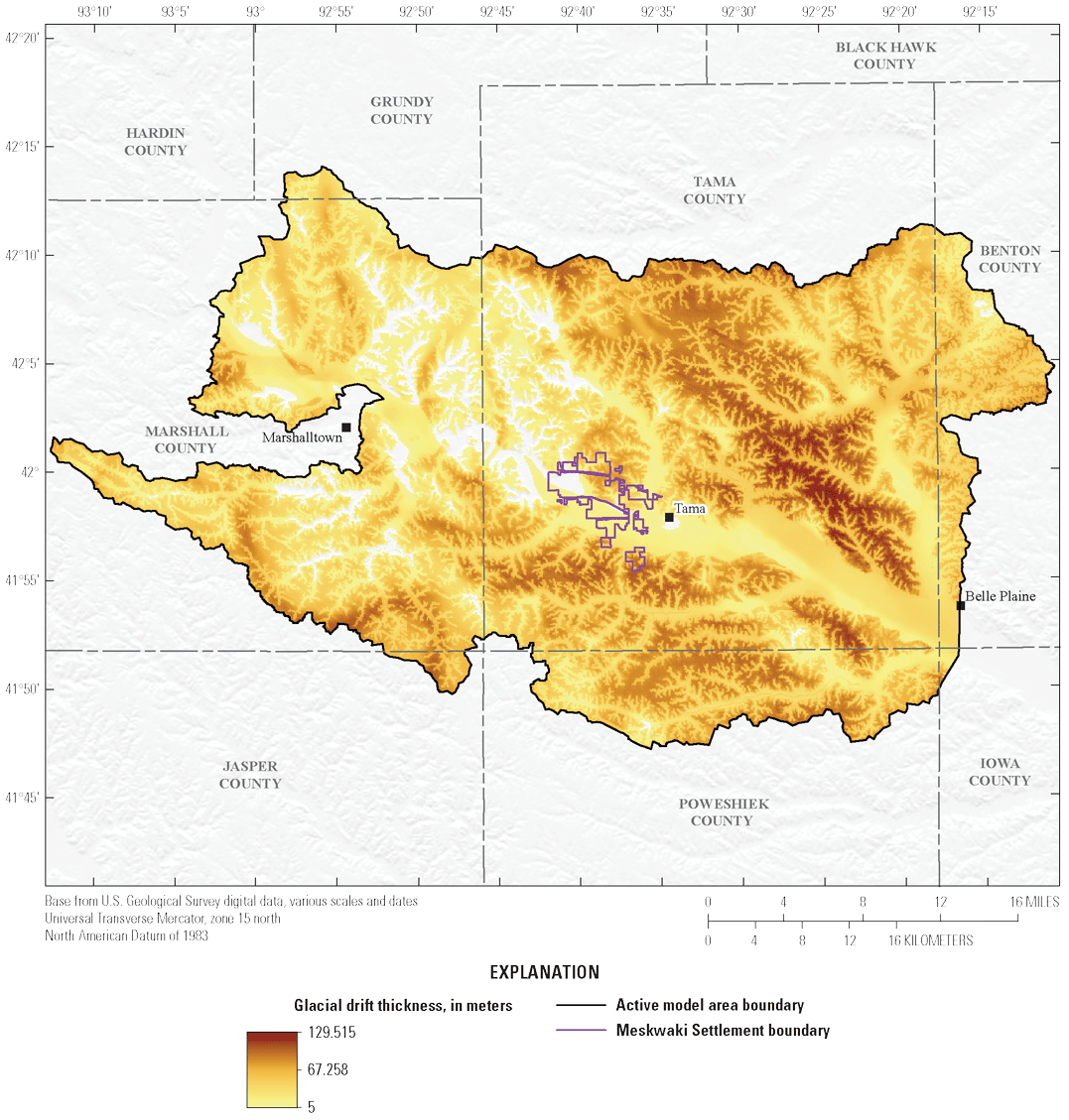 [Glacial drift is present throughout the model area and is thickest in the uplands
                              outside the river valleys of the Iowa River and its tributaries.]