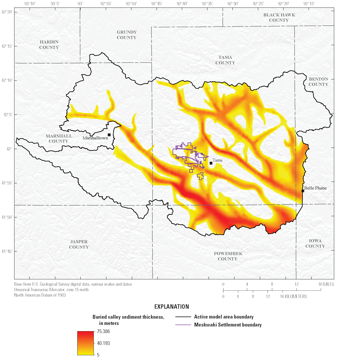 [Buried valley sediment is present in ancient river channels that are oriented northwest
                              to southeast in the model area.]