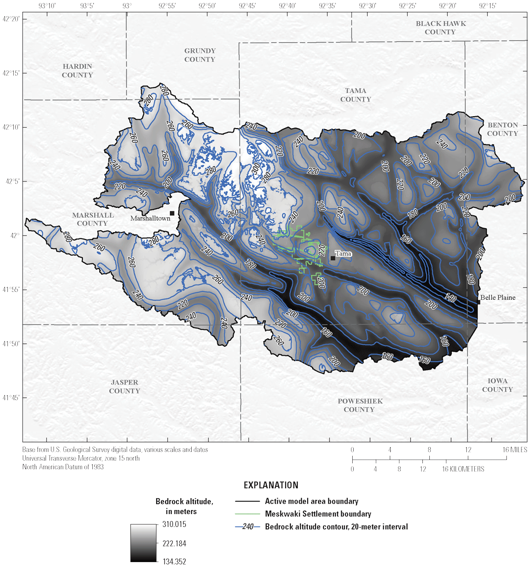 [Bedrock altitude is highest in the northwest-central of the model area, where bedrock
                              outcrops at the land surface, and lowest in the ancient river channels that are oriented
                              northwest to southeast.]