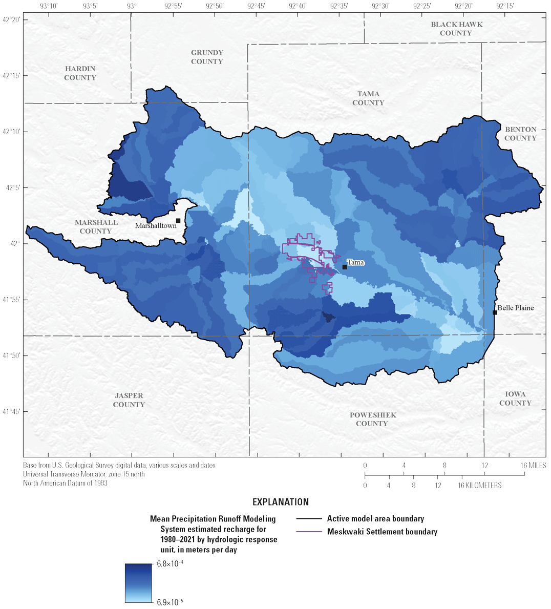 [Mean recharge rates range from 6.9E-05 to 6.8E-4meters per day throughout the model
                           area.] 
