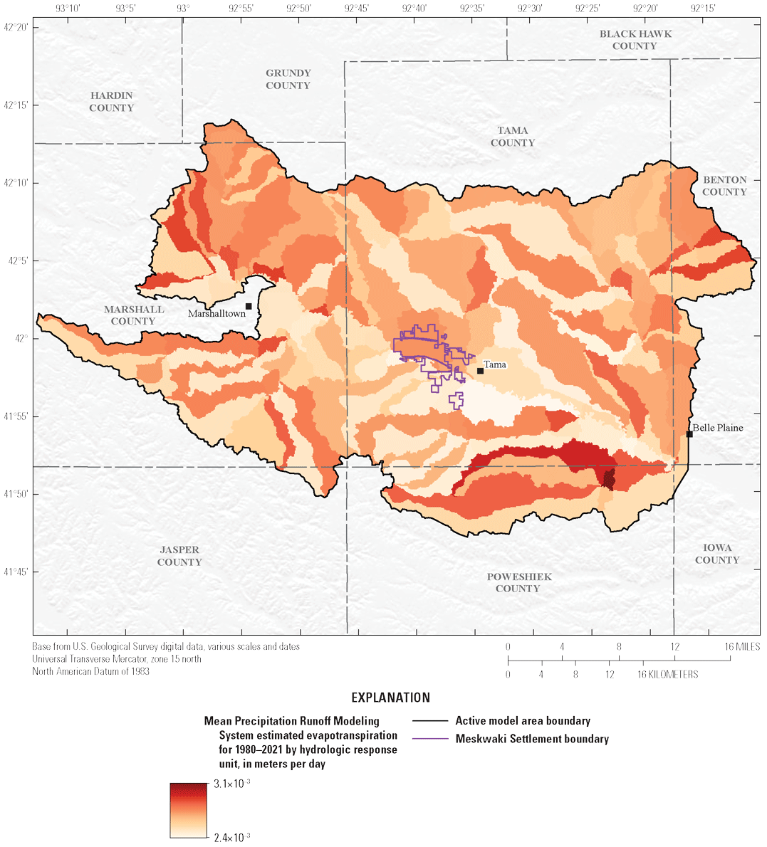 [Mean potential evapotranspiration rates range from 2.4E-3 to 3.1E-3 meters per day
                           throughout the model area.] 