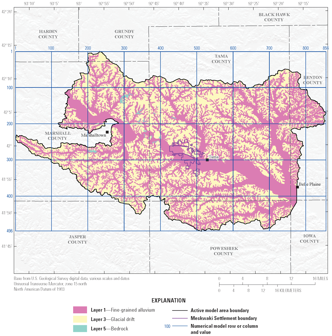 [The uppermost active area is layer 1 in the valleys of the Iowa River and its major
                           and minor tributaries, layer 3 in the uplands outside the river valleys, and layer
                           5 in limited areas to the northwest where bedrock outcrops are present.]
