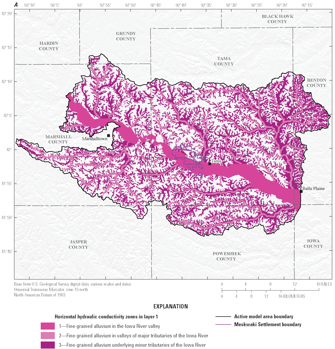 [a) Zone 1 is near the Iowa River valley that runs northwest to southeast in the model
                           area, zone 2 is near the major tributaries of the Iowa River, and zone 3 is near the
                           minor tributaries of the Iowa River. b) Zone 4 is near the Iowa River valley that
                           runs northwest to southeast in the model area, zone 5 is near the major tributaries
                           of the Iowa River, and zone 6 is near the minor tributaries of the Iowa River. c)
                           Zones 9 and 10 are in the west in the model area, zone 11 is in the central part of
                           the model area, zone 12 is in the east, and zone 13 is in the northwest.]