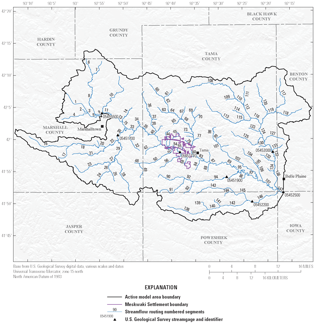 [There are 147 streamflow routing segments that represent the Iowa River and its tributaries
                              in the active model area.]
