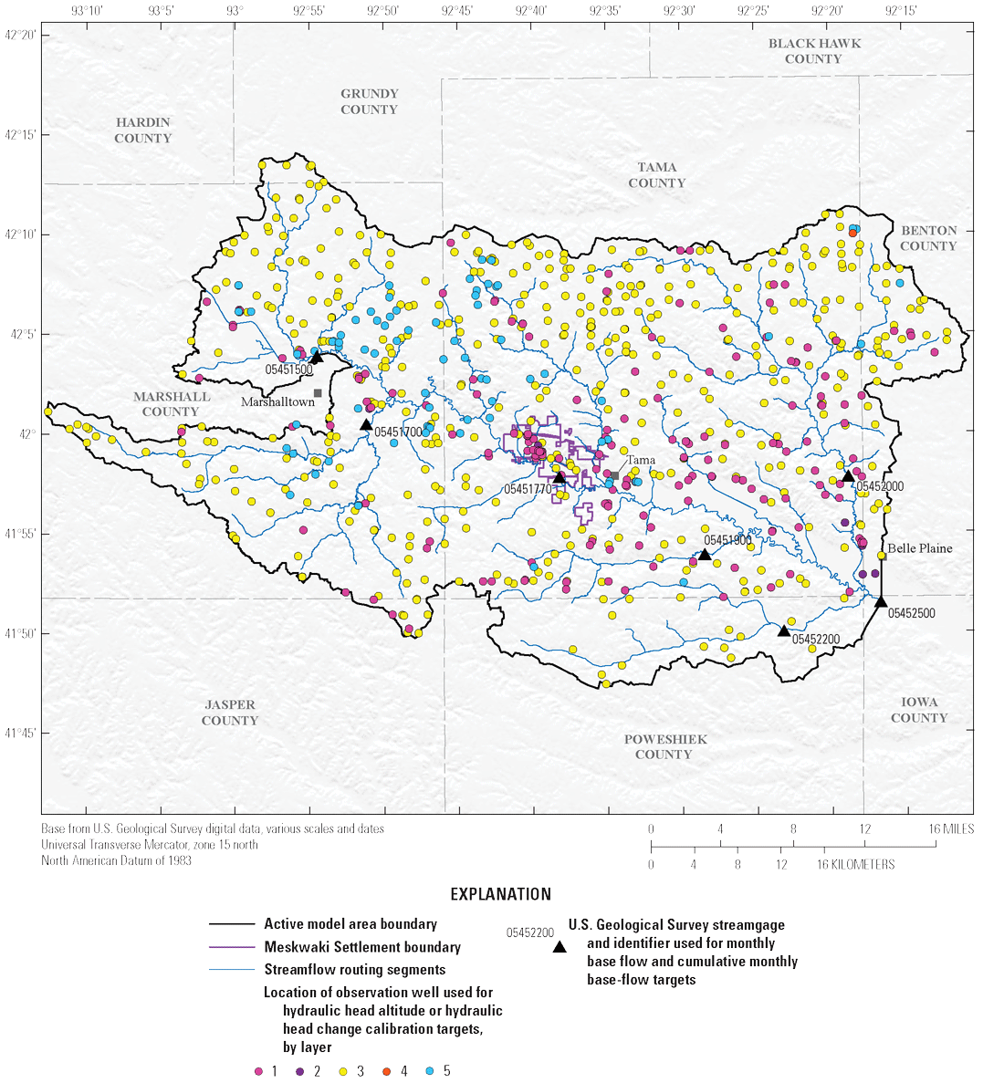 [Hydraulic head altitude calibration targets in layer 1 and 3 are found throughout
                        the active model area, targets in layer 5 are primarily in the northwest of the model
                        area, and limited targets are in layers 2 and 4. There are seven streamflow calibration
                        targets on the Iowa River and its tributaries.]