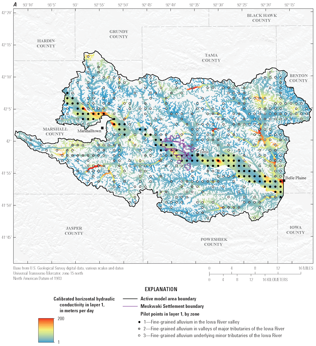 [a) Calibrated horizontal hydraulic conductivity ranges from 1 to 200 meters per day
                           in layer 1, which represents fine-grained alluvium in the valleys of the Iowa River
                           and its major and minor tributaries. b) Calibrated horizontal hydraulic conductivity
                           ranges from 5 to 1,000 meters per day in layer 2, which represents coarse-grained
                           alluvium in the valleys of the Iowa River and its major and minor tributaries. c)
                           Calibrated horizontal hydraulic conductivity ranges from 0.03 to 3 meters per day
                           in layer 3, which represents glacial drift. d) Calibrated horizontal hydraulic conductivity
                           ranges from 5 to 500 meters per day in layer 4, which represents buried-valley sediment.
                           e) Calibrated horizontal hydraulic conductivity ranges from 0.001 to 142.92 meters
                           per day in layer 5, which represents bedrock.]