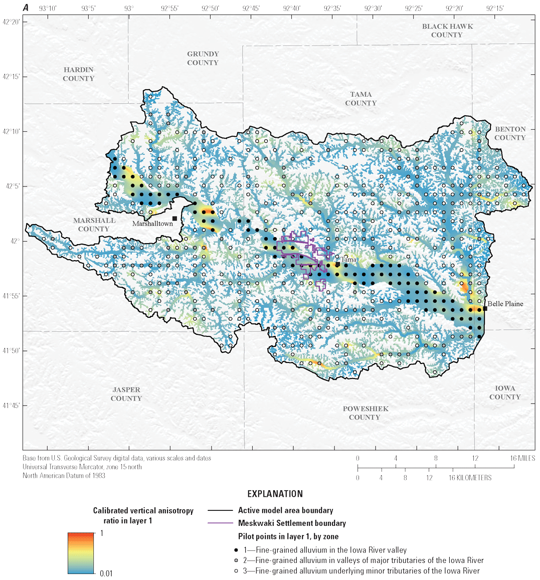 [a) Calibrated vertical anisotropy ratio ranges from 0.01 to 1 in layer 1, which represents
                           fine-grained alluvium in the valleys of the Iowa River and its major and minor tributaries.
                           b) Calibrated vertical anisotropy ratio ranges from 0.01 to 1 in layer 2, which represents
                           coarse-grained alluvium in the valleys of the Iowa River and its major and minor tributaries.
                           c) Calibrated vertical anisotropy ratio ranges from 0.01 to 1 in layer 3, which represents
                           glacial drift. d) Calibrated vertical anisotropy ratio ranges from 0.01 to 1 in layer
                           4, which represents buried-valley sediment. e) Calibrated vertical anisotropy ratio
                           ranges from 0.01 to 1 in layer 5, which represents bedrock.]