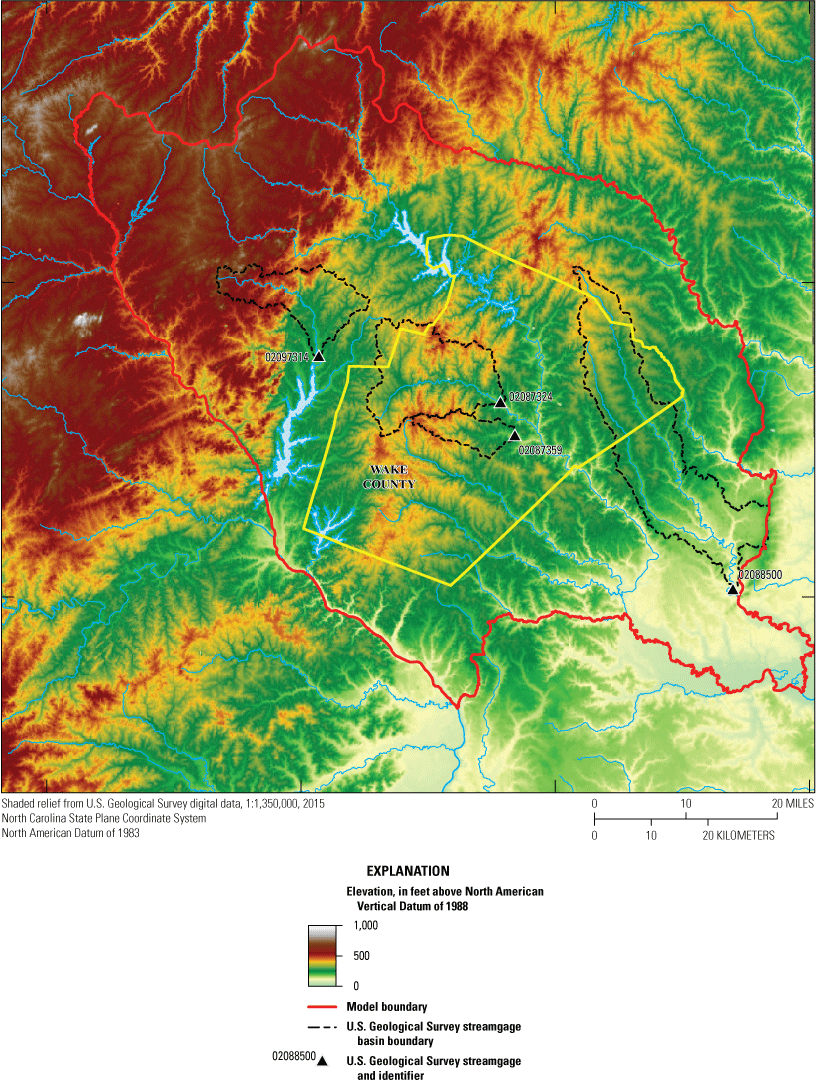 Map shows land-surface elevation and USGS streamgage drainage basins in the model
                        area.