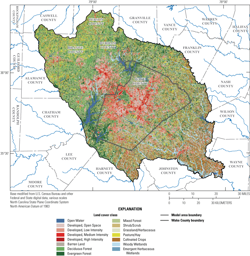 Map shows National Land Cover Database 2019 land cover data for the model area, Wake
                        County, North Carolina.