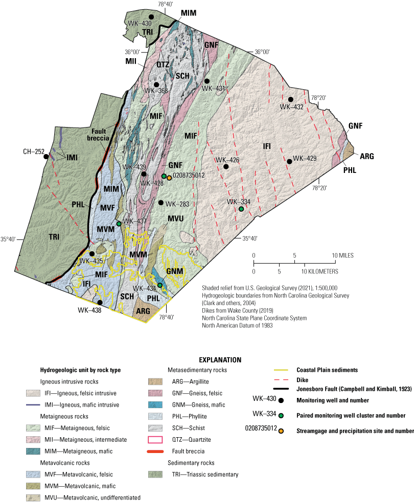 Map shows hydrogeologic units, Jonesboro Fault, dikes, and monitoring well network.