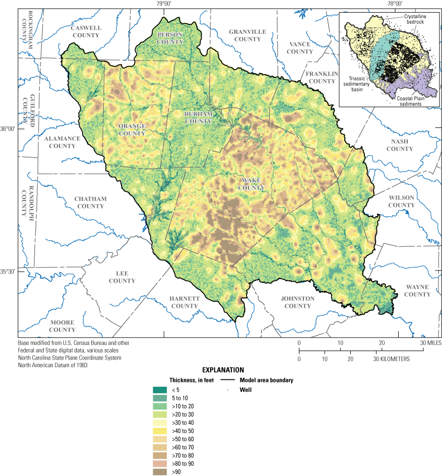 Map shows layer thickness for model layer 1 in the study area.