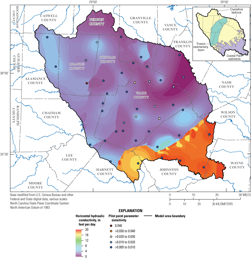 Map shows calibrated horizontal hydraulic conductivities for model layer 1.