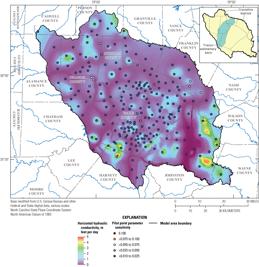 Map shows calibrated horizontal hydraulic conductivities for model layer 2, bedrock.