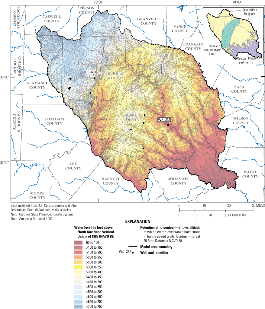 Map shows simulated groundwater-level altitude for end of calibration period for model
                        layer 1.